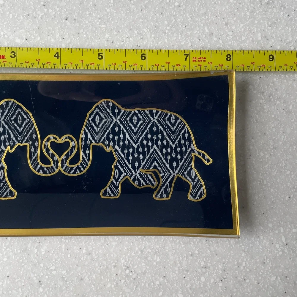 Elephant Heart Navy Blue Glass Trinket Dish Gold Trim Rectangular Tray Boho Love